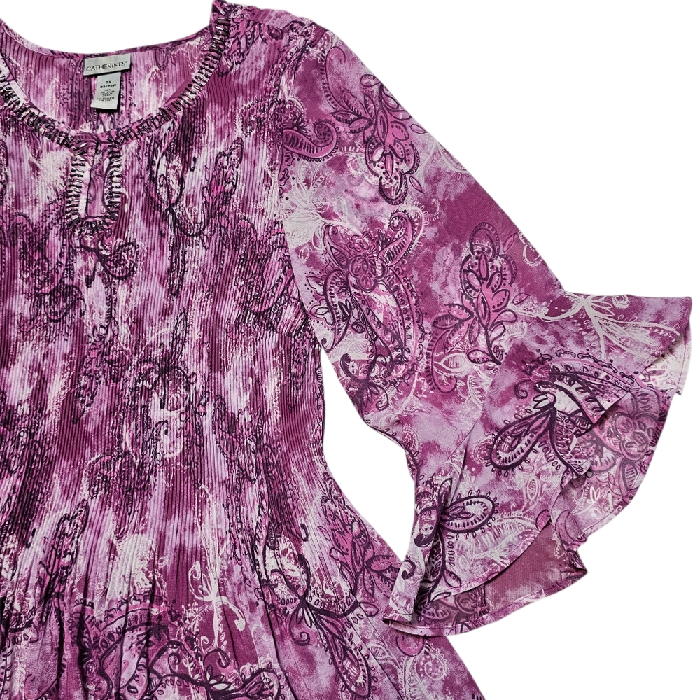 Catherines Accordion Pleat Beaded Flutter Bell Sleeve Gauze Tunic Blouse Sz 2X - Picture 4 of 8
